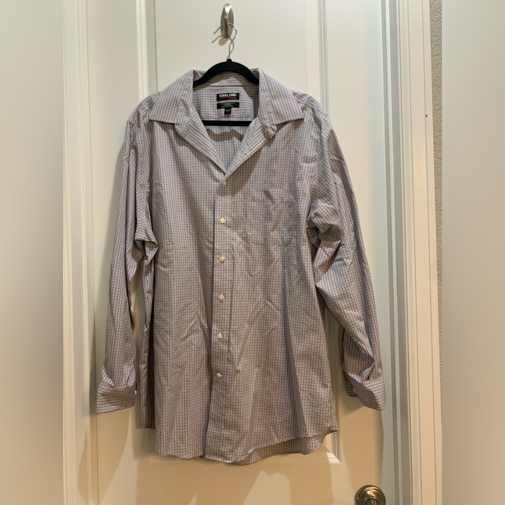 Kirkland Signature Tailored Fit Non Iron Dress Shirt 17.5-34/35 XL Brown/Blue